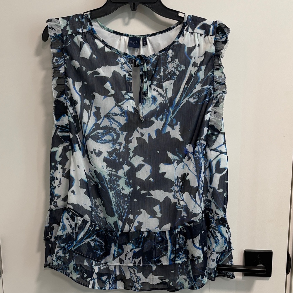 Kaari Blue Blue, Black & White Ruffle Tie-Neck Floral Blouse